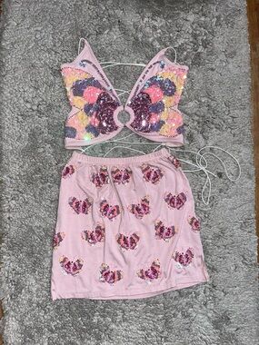 Her Pony The Label Pink Butterfly Crop Top & Skirt Set / Festival Outfit
